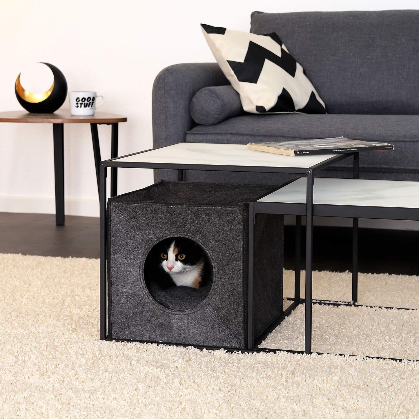 Coolapet Filz Katzenhöhle Würfel – Faltbares Katzenbett mit Liegekissen für Regale & Böden (Dunkelgrau)