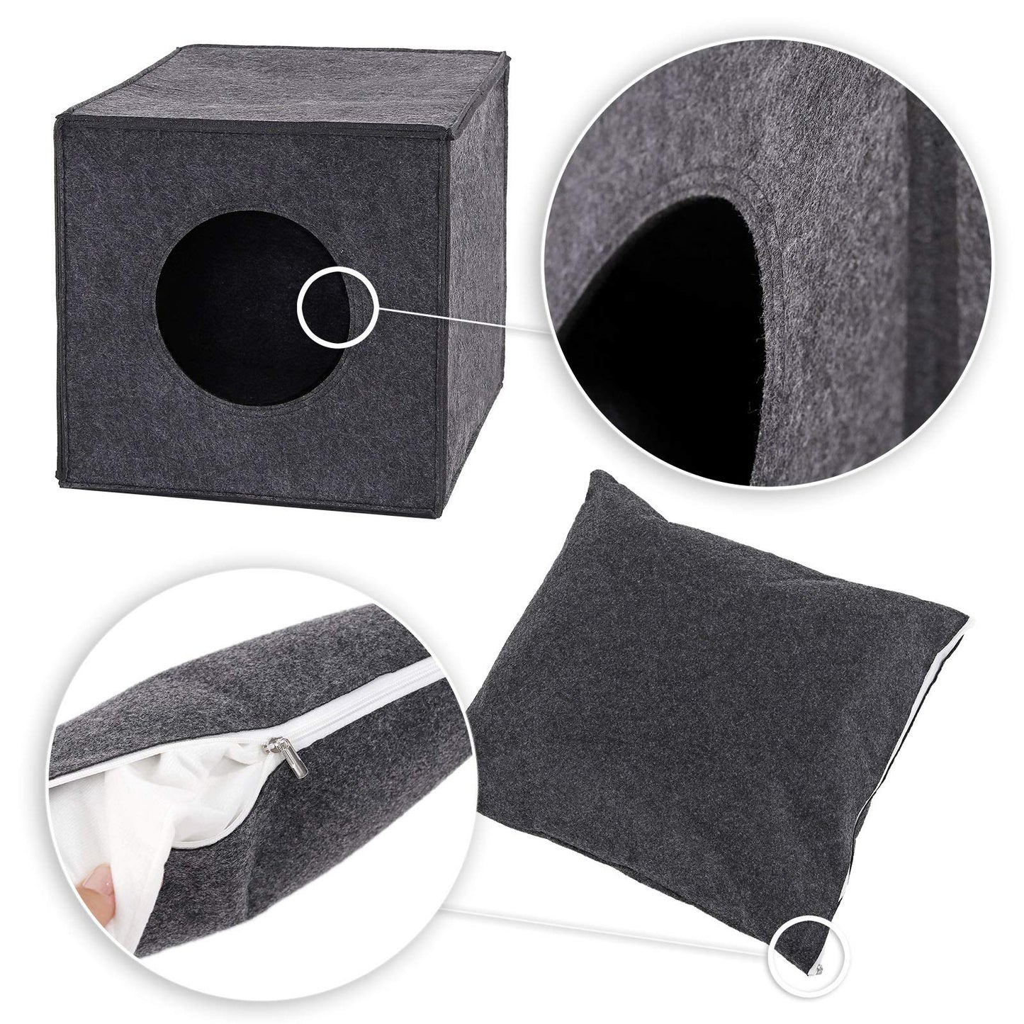 Coolapet Filz Katzenhöhle Würfel – Faltbares Katzenbett mit Liegekissen für Regale & Böden (Dunkelgrau)